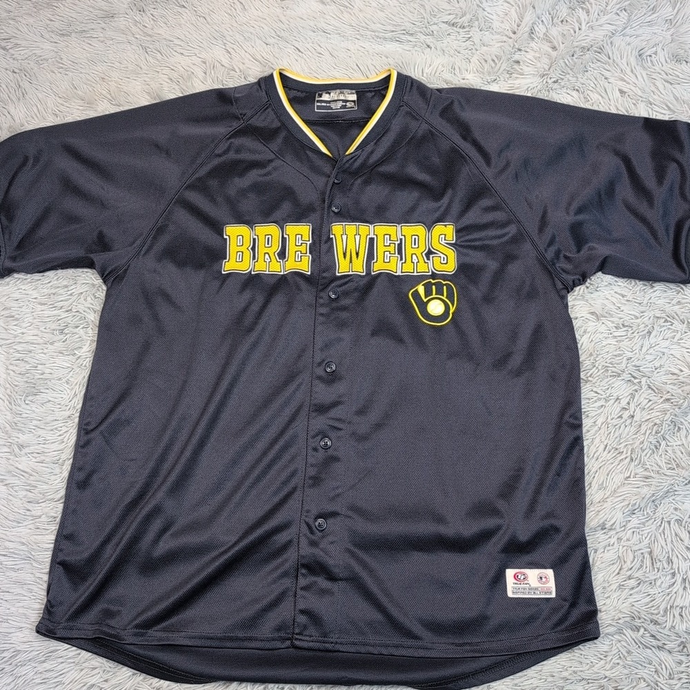 Milwaukee Brewers Jersey Mens 2XL Blue MLB Baseball Button‎ Up True Fan Batting
